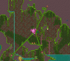 A screenshot of Terraria's jungle: a pink Plantera at the centre with thin green hooks
                    reaching out to the blocks around it.