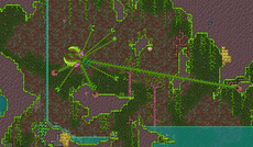 The same jungle, with Plantera off to the left and its hooks stretched across to anchor
                    points on the right.